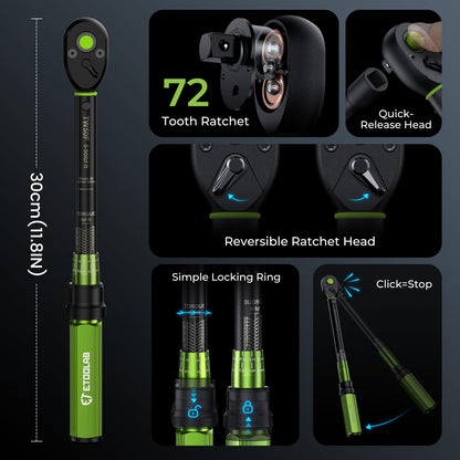 etoolab 3/8-Inch Drive Click Torque Wrench - 5-50Ft-Lb/5-69.4Nm, Dual-Direction Adjustable 72 Tooth Click Torque Wrench for Bike, Motorcycle and Car Repair