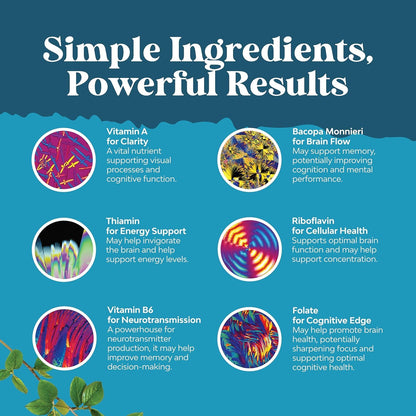 Nootropic Brain Supplement for Memory and Focus Support - Vitamins for Mental Health & Clarity with Bacopa Monnieri, VIT A, B6, Riboflavin, Niacin, Thiamin & Folate - Cognitive Complex - 90 Ct