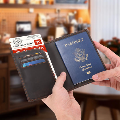 Polare Slim RFID Blocking Leather Passport Holder Travel Bifold Wallet For Men (Dark Brown with AirTag Holder)