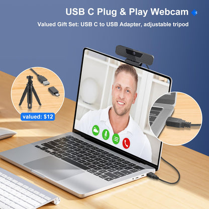 4K Auto Focus Webcam for PC, 4 AI Noise-Canceling Mics UHD Web cam, Auto Light Correction, 85°FOV Computer Web Camera, USB C Plug&Play Webcam with Tripod & Privacy Cover Works w/Zoom/Skype/Google