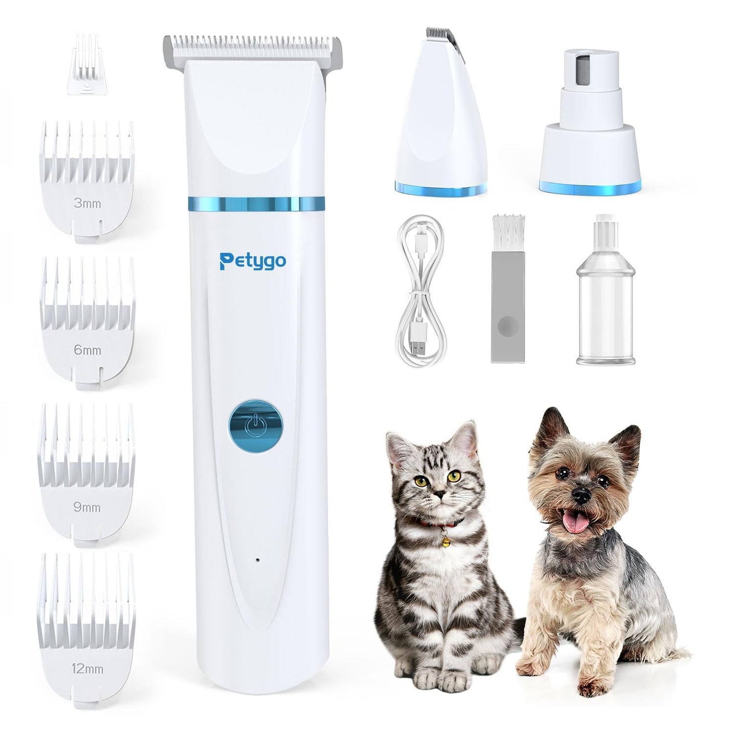 PETYGO 3-in-1 Dog & Cat Grooming Kit - Rechargeable Cordless Pet Hair Clippers with Nail Grinder & Paw Trimmer & 5 Guide Combs, Low Noise Dog Clippers for Grooming Small Medium Pets