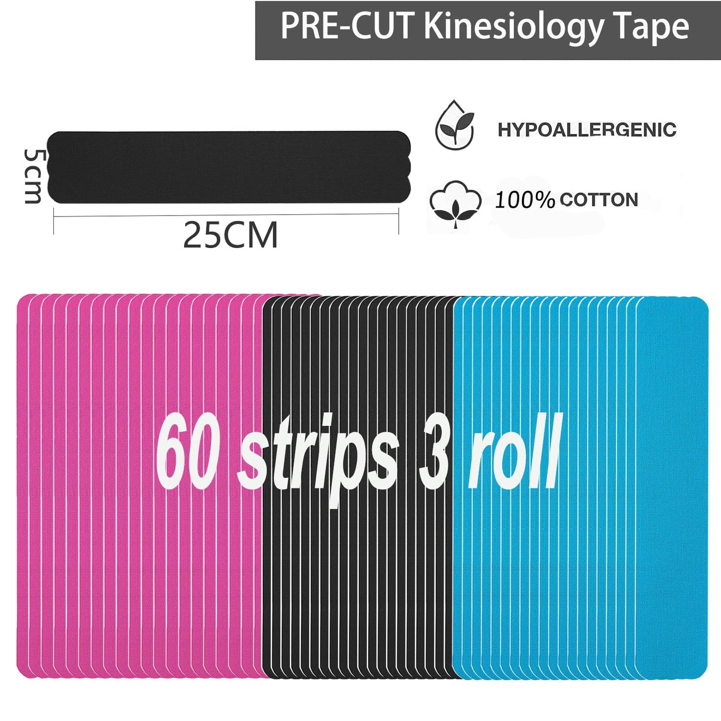 Kinesiology Tape Pro Athletic Sports (3 Rolls,60 Precut Strips) Waterproof Breathable Latex Free Tape for Ankle Wrists Knees Elastic Running Tennis Swimming Football Sports Activities Tapes (Mix)