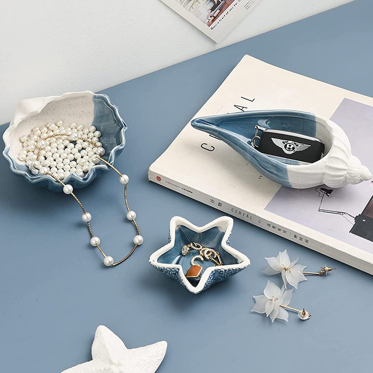 Linfye Starfish Jewelry Dish Tray - Ceramic Ring and Trinket Holder - Ocean Style Table Decoration for Earrings and Candy Storage
