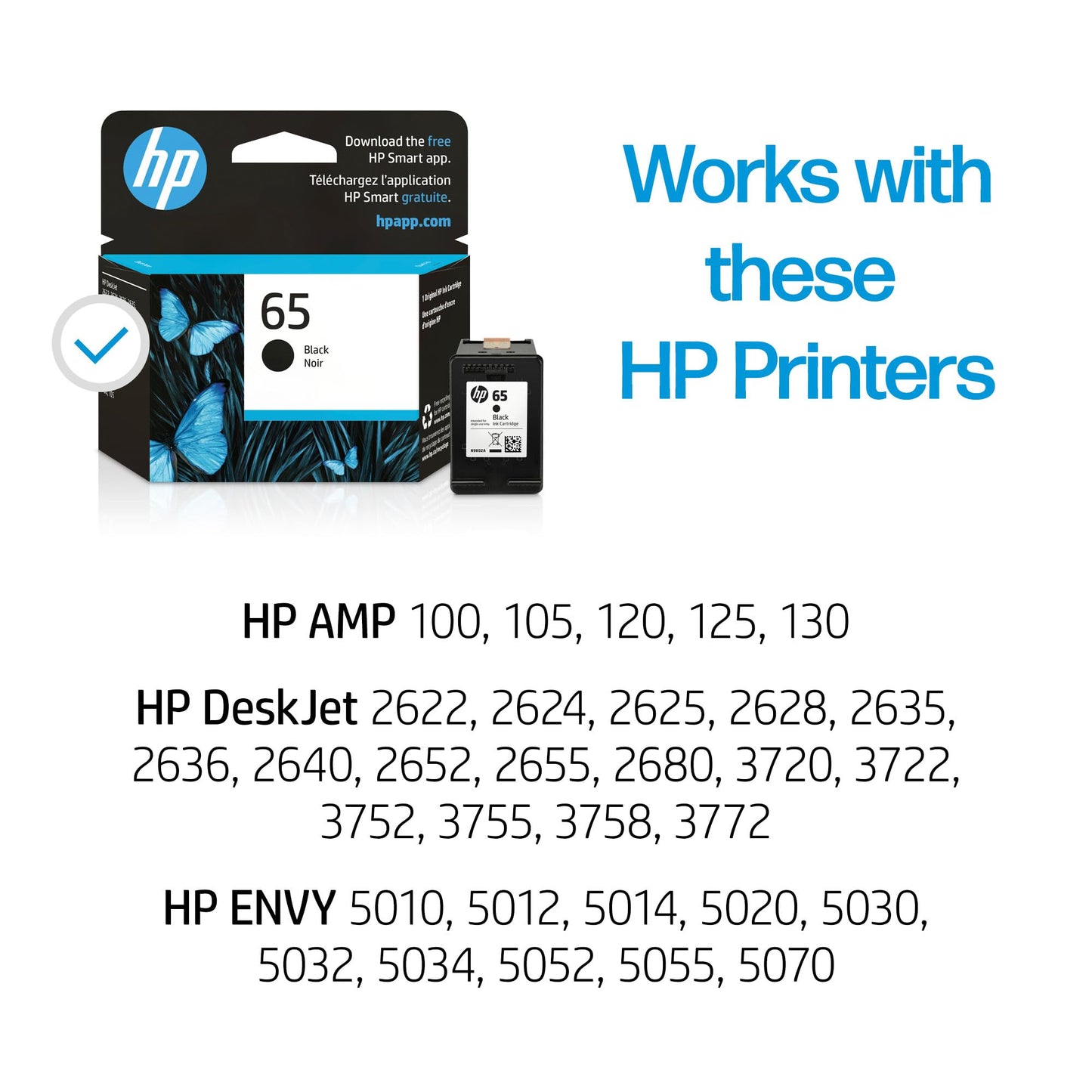 HP 65 Black Ink Cartridge for HP Printers | Works with Printer Series: AMP 100, DeskJet 2600, 3700; ENVY 5000 | Eligible for Instant Ink | N9K02AN