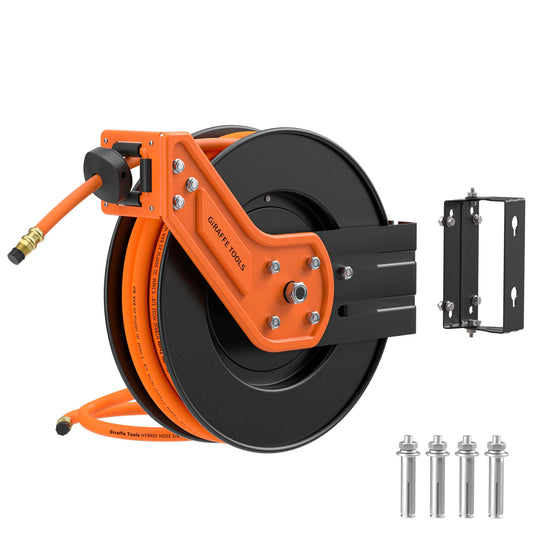 Giraffe Tools TA15 Retractable Air Hose Reel Swivel 3/8" x 50 ft Hybrid Hose, Max 300 PSI, Ceiling/Wall Mounted Heavy Duty Industrial Commercial Air Compressor Hose Reel, 50ft, Tangelo