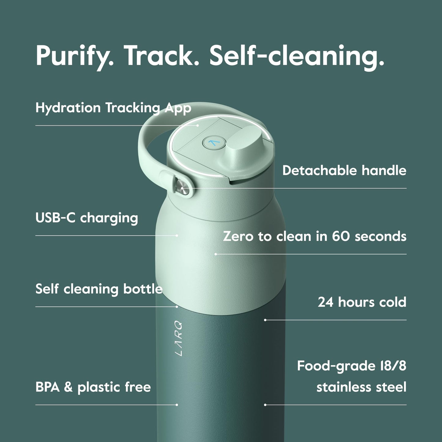 LARQ Bottle PureVis 2 23 oz - UV Water Purifier with Self-Cleaning, App Hydration Tracking, Filter Straw, Detachable Handle, Double-Wall Insulated, Eucalyptus Green