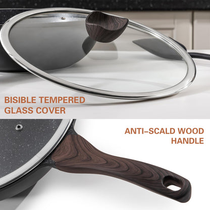 Kordisen Nonstick Wok with Lid, 12 Inch Woks & Stir-fry Pans, Granite Stone Coating for Cooking, Induction Cookware, Compatible with All Stovetops, PFOA Free