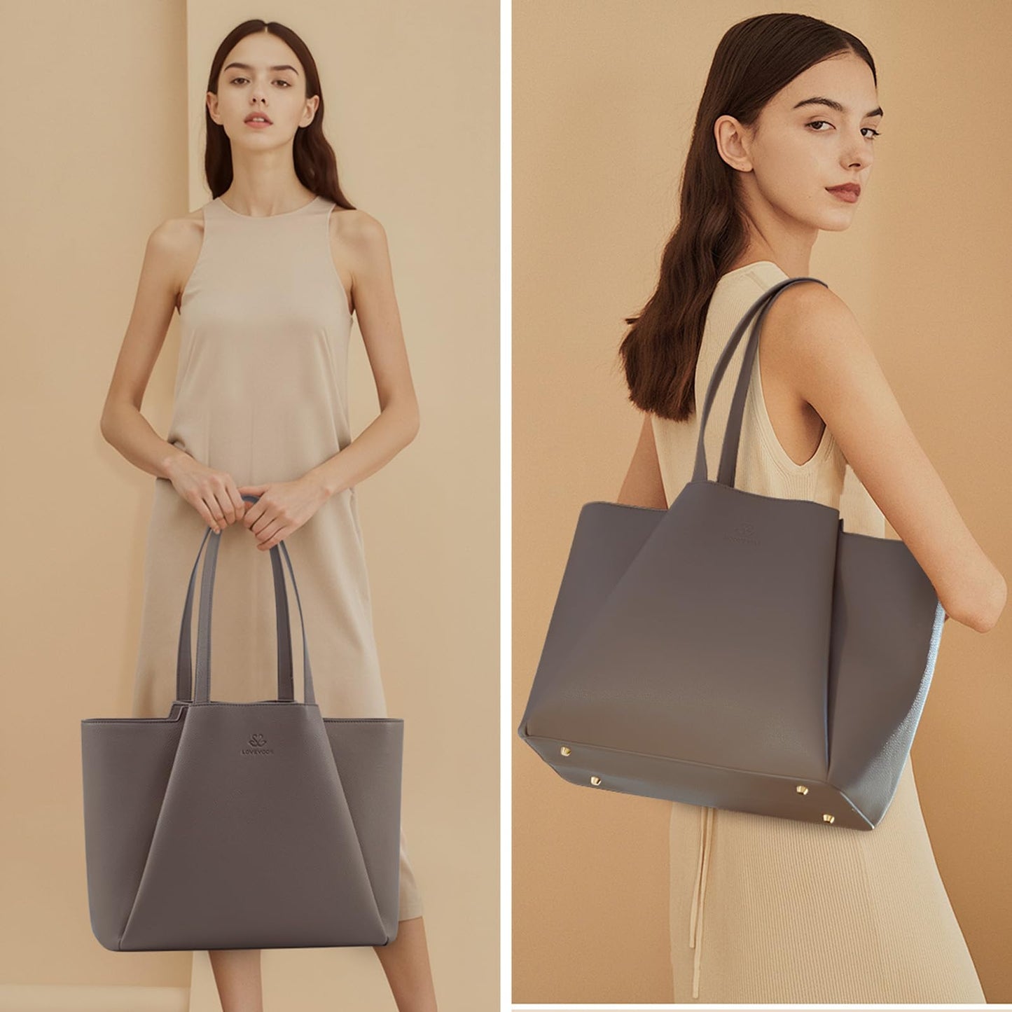 LOVEVOOK Laptop Tote for Women - 15.6 Inch Faux Leather Laptop Bag with Clutch, Large Capacity Office Purse Computer Briefcase for Casual Business Travel,Dark Khaki