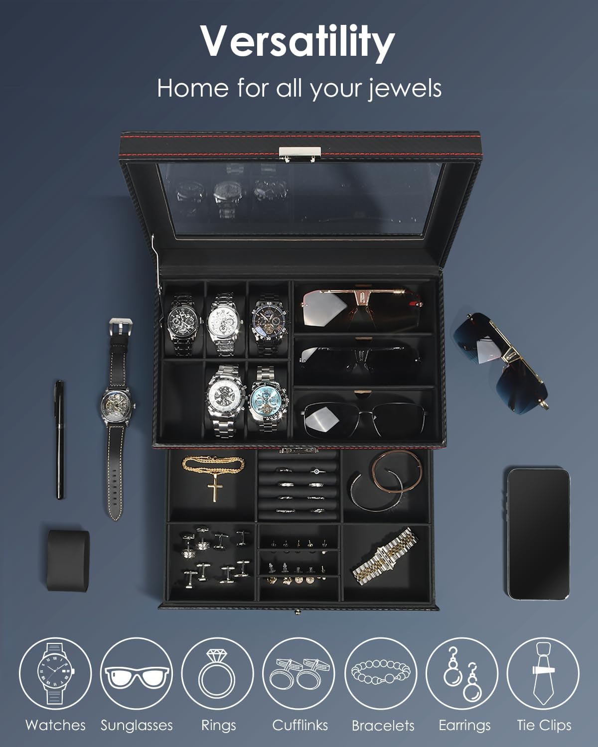 Kukikan Watch Jewelry Box Organizer, 6-Slot 2-Layer Watch Case and Sunglasses Storage with Large Glass Lid, Men's Jewelry Box with Lock, Watch Holder Display Case, Gift for Men Women