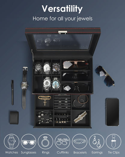 Kukikan Watch Jewelry Box Organizer, 6-Slot 2-Layer Watch Case and Sunglasses Storage with Large Glass Lid, Men's Jewelry Box with Lock, Watch Holder Display Case, Gift for Men Women