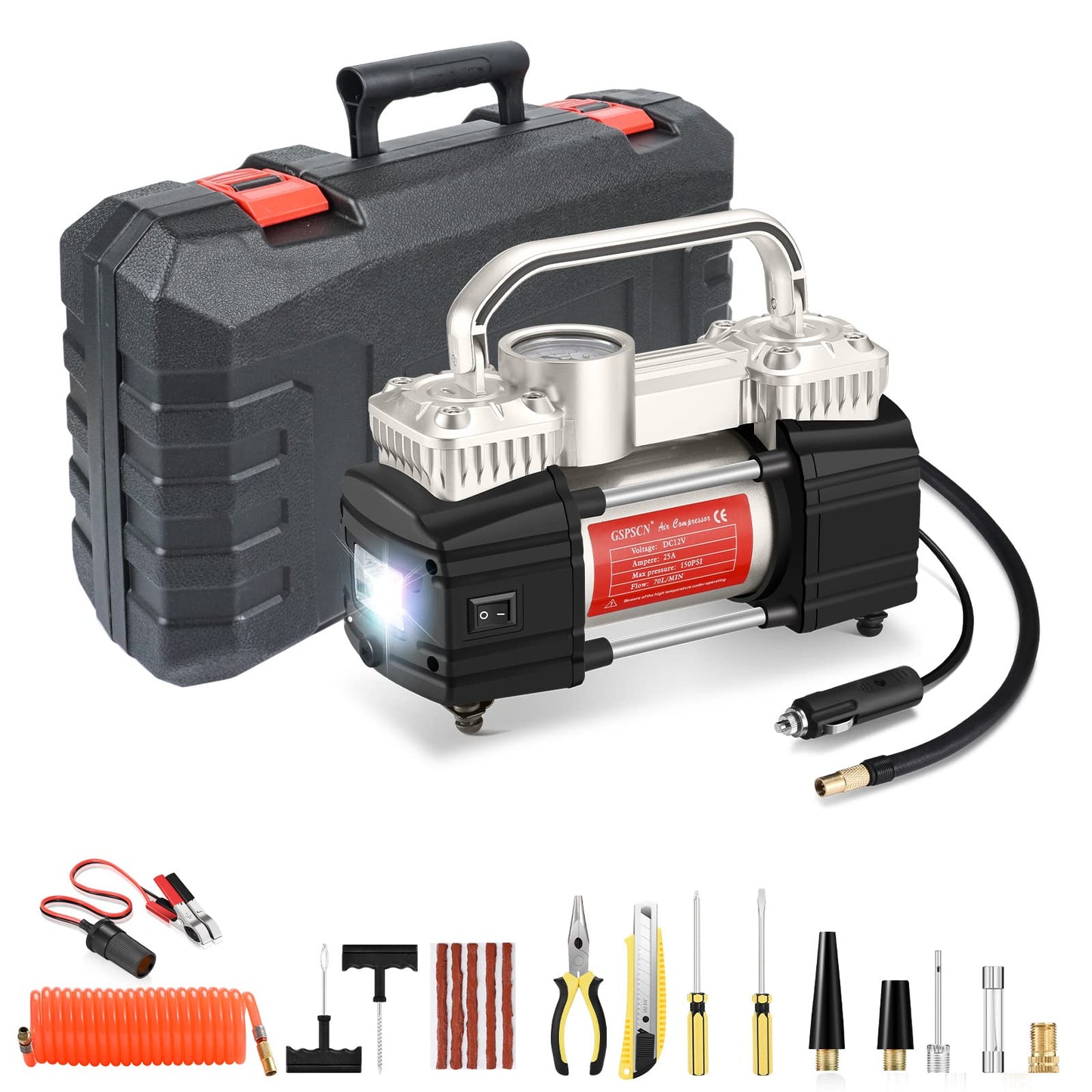 GSPSCN Portable Air Compressor Pump Dual Cylinder Heavy Duty Tire Inflator with LED Light,150 PSI 12V Air Pump with Tire Repair Kit and Toolbox for Auto,SUV,Truck tires etc Silver