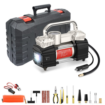 GSPSCN Portable Air Compressor Pump Dual Cylinder Heavy Duty Tire Inflator with LED Light,150 PSI 12V Air Pump with Tire Repair Kit and Toolbox for Auto,SUV,Truck tires etc Silver