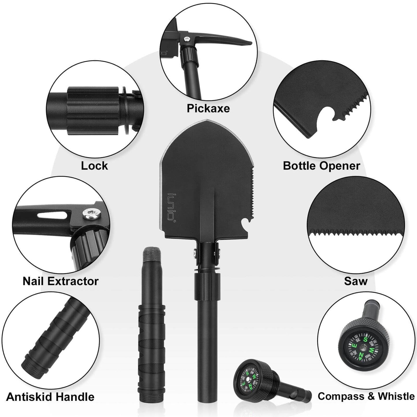 iunio Folding Survival Shovel, Military-Grade Entrenching Tool, Collapsible Emergency Shovel for Disaster Recovery,Car Emergency, Multi-Tool Spade with Pickaxe,Camping,Trenching,Hiking,Gardening