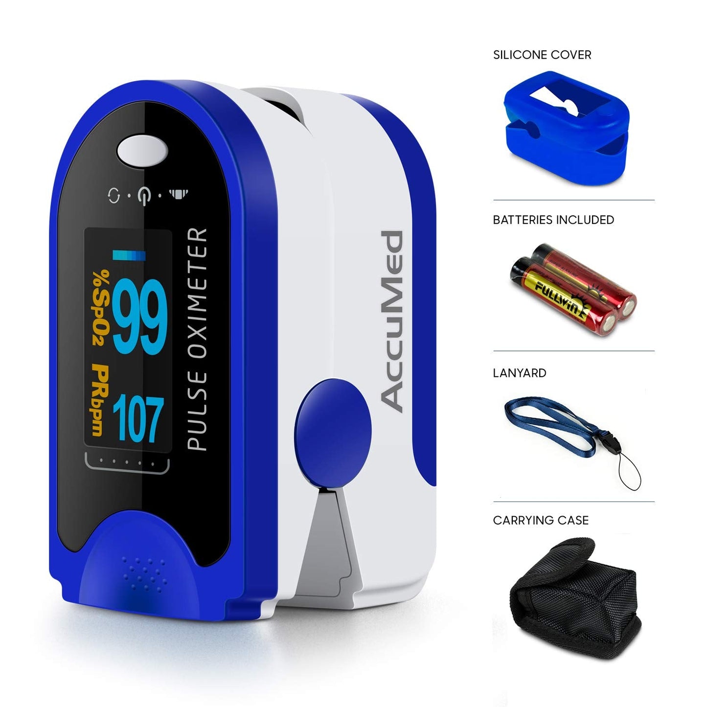 AccuMed Fingertip Pulse Oximeter, Sp02 Finger Blood Pulse Oxygen Monitor, w/Carrying case, Lanyard Silicon Case & Battery CMS-50D (Blue)