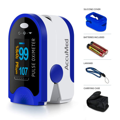 AccuMed Fingertip Pulse Oximeter, Sp02 Finger Blood Pulse Oxygen Monitor, w/Carrying case, Lanyard Silicon Case & Battery CMS-50D (Blue)