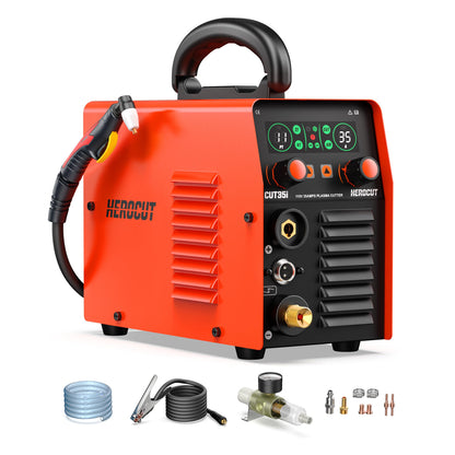 Plasma Cutter, 35Amps HEROCUT Plasma Cutter Machine CUT35i, Screen Display 110V High-Frequency IGBT Inverter Technology Post Flow and 2T/4T, Max Cutting Thickness 10mm for Beginners DIY