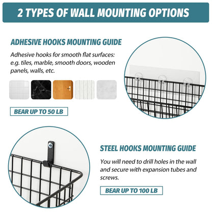 4 Set [EXTRA LARGE] Hanging Wall Mount Storage Baskets with Adhesive Hooks & Steel Hooks, Multiuse Sturdy Wire Metal Organizing Baskets for Home Kitchen Bathroom Pantry Utility Organizer, Black