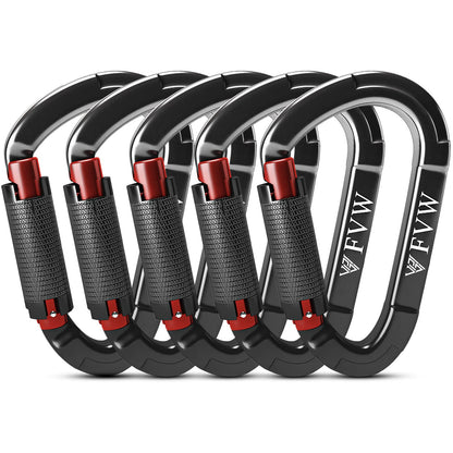 FVW Auto Locking Rock Climbing Carabiner Clips, UIAA Certified Professional 25KN (5620 lbs) Heavy Duty Caribeaners for Rappelling Swing Rescue & Gym etc, Large D-Shaped Carabiners, (Black) 5 Pack