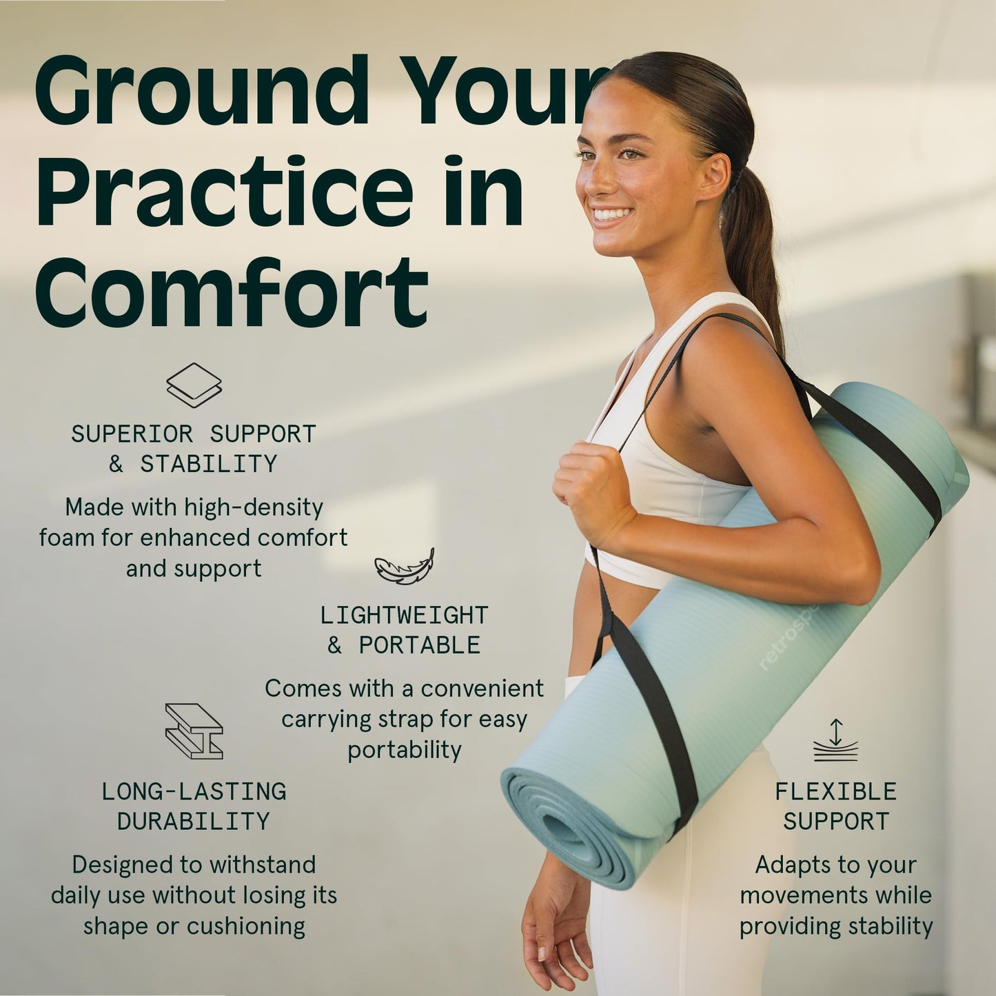 Retrospec Solana Yoga Mat 1" Thick w/Nylon Strap for Men & Women - Non Slip Exercise Mat for Home Yoga, Pilates, Stretching, Floor & Fitness Workouts - Black