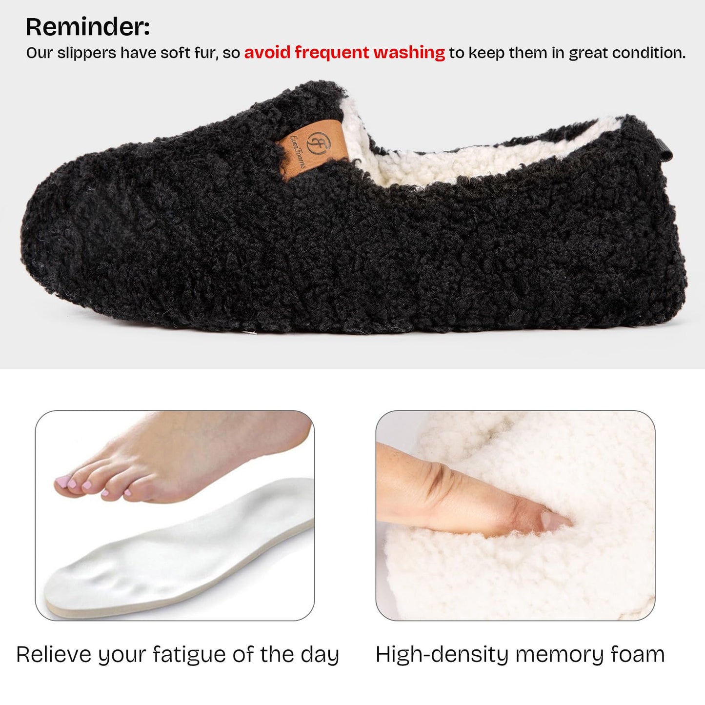EverFoams Women’s Soft Curly Full Slippers Memory Foam Lightweight House Shoes Cozy Loafer with Polar Fleece Lining Black,5-6 US