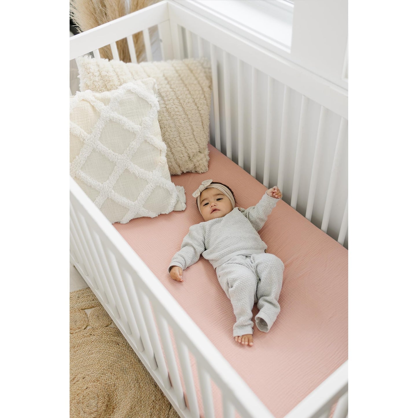 Konssy Muslin Crib Sheets for Girl Boy, 2 PCS Soft and Breathable Cotton Baby Sheets for Standard Crib Mattress, 52"x 28" (Floral, Pink)