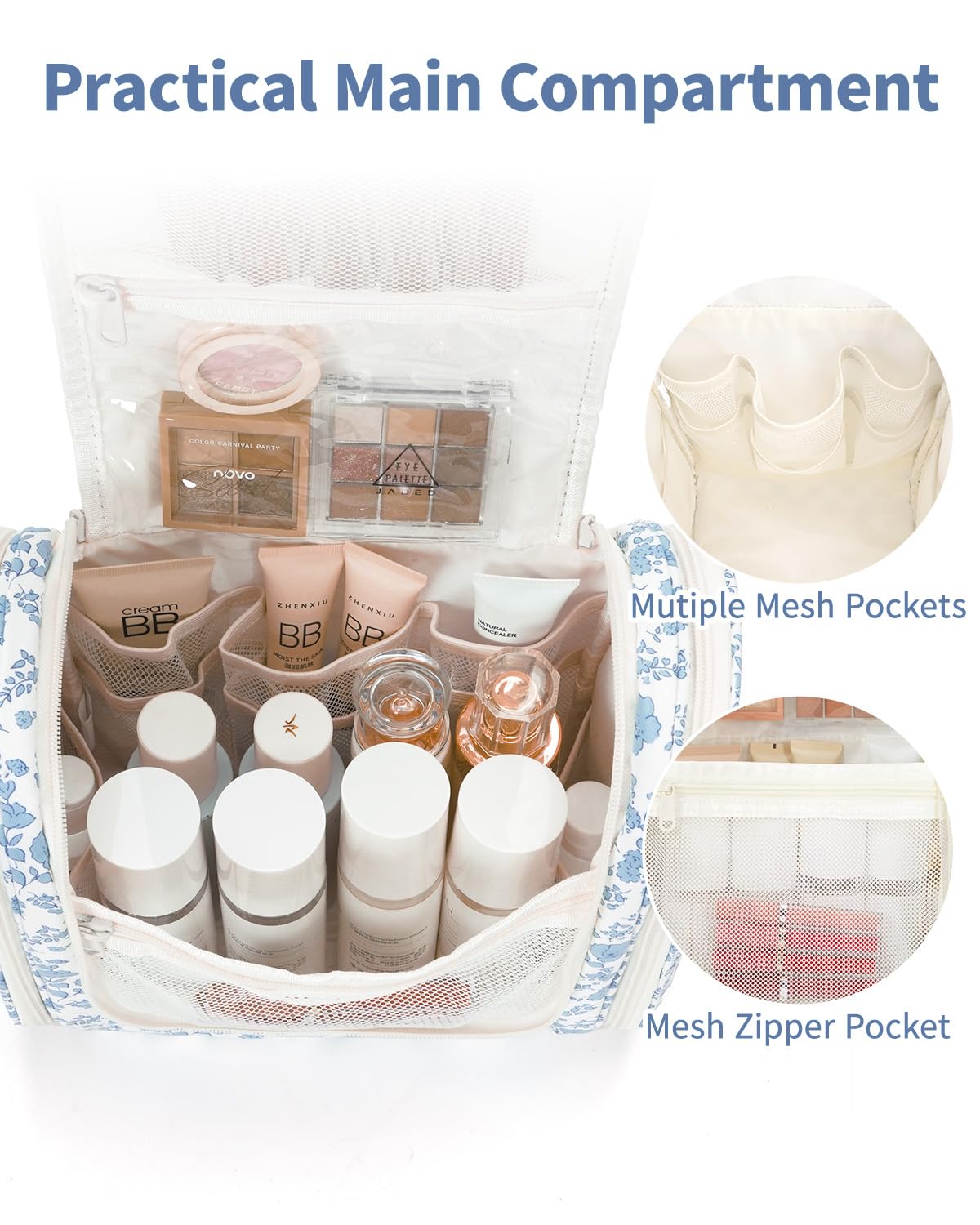 Narwey Hanging Toiletry Bag for Women Travel Makeup Bag Organizer Toiletries Bag for Cosmetics Essentials Accessories (Large, Little Blue Flower)