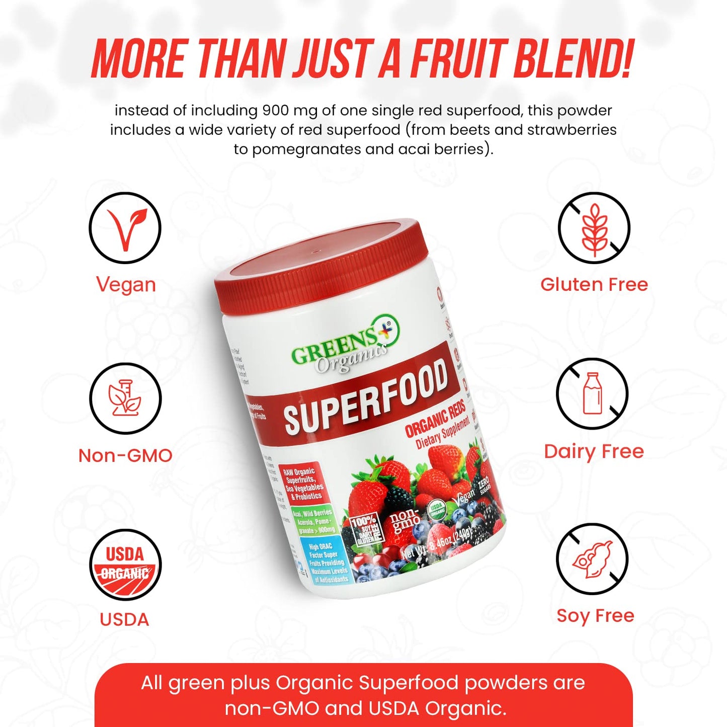 Greens+ Organic Reds Superfood Powder, Antioxidant, Polyphenol, Blend for Morning Kick, Energy, Vitality Boost, Nutrition, Vibrant Health, Vegan Soy/Dairy/Gluten Free(8.46oz)