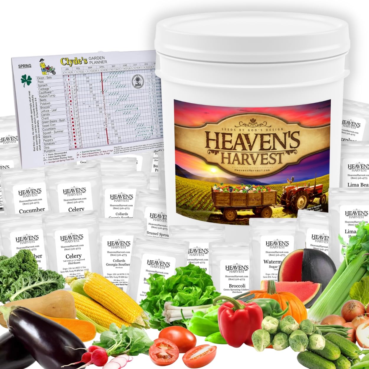 Heaven’s Harvest - 10 Year Survival Or Homestead Garden | 25k+ Heirloom Vegetable Seed Bank Kit | Includes Free Clyde’s Garden Planner & Seed Vault Storage Drum | Non-GMO