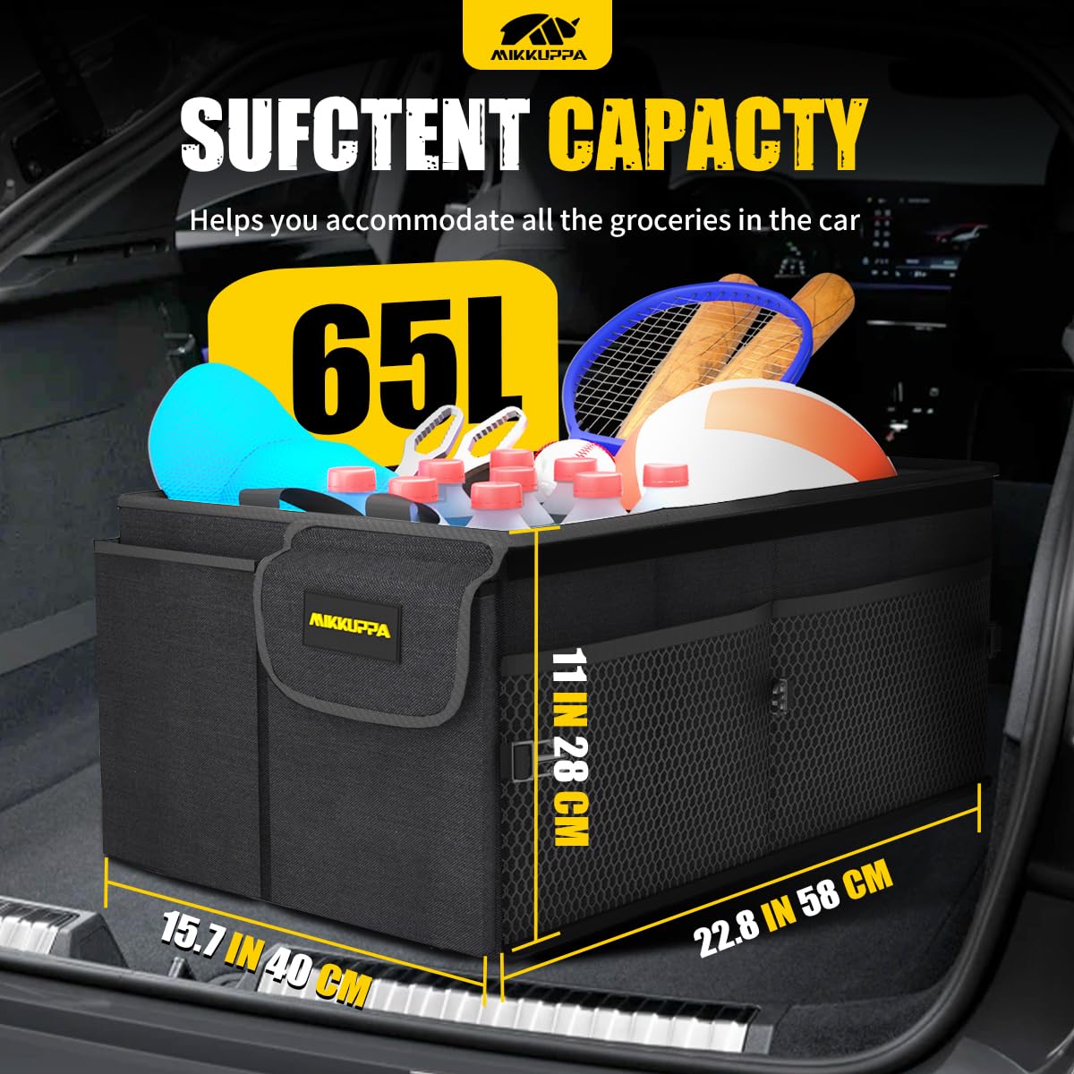MIKKUPPA Car Trunk Organizer - 65L Collapsible Trunk Organizer with Lid, Sturdy Car Storage for SUV Auto Truck Van with Adjustable Straps and Non Slip Bottom (Black)