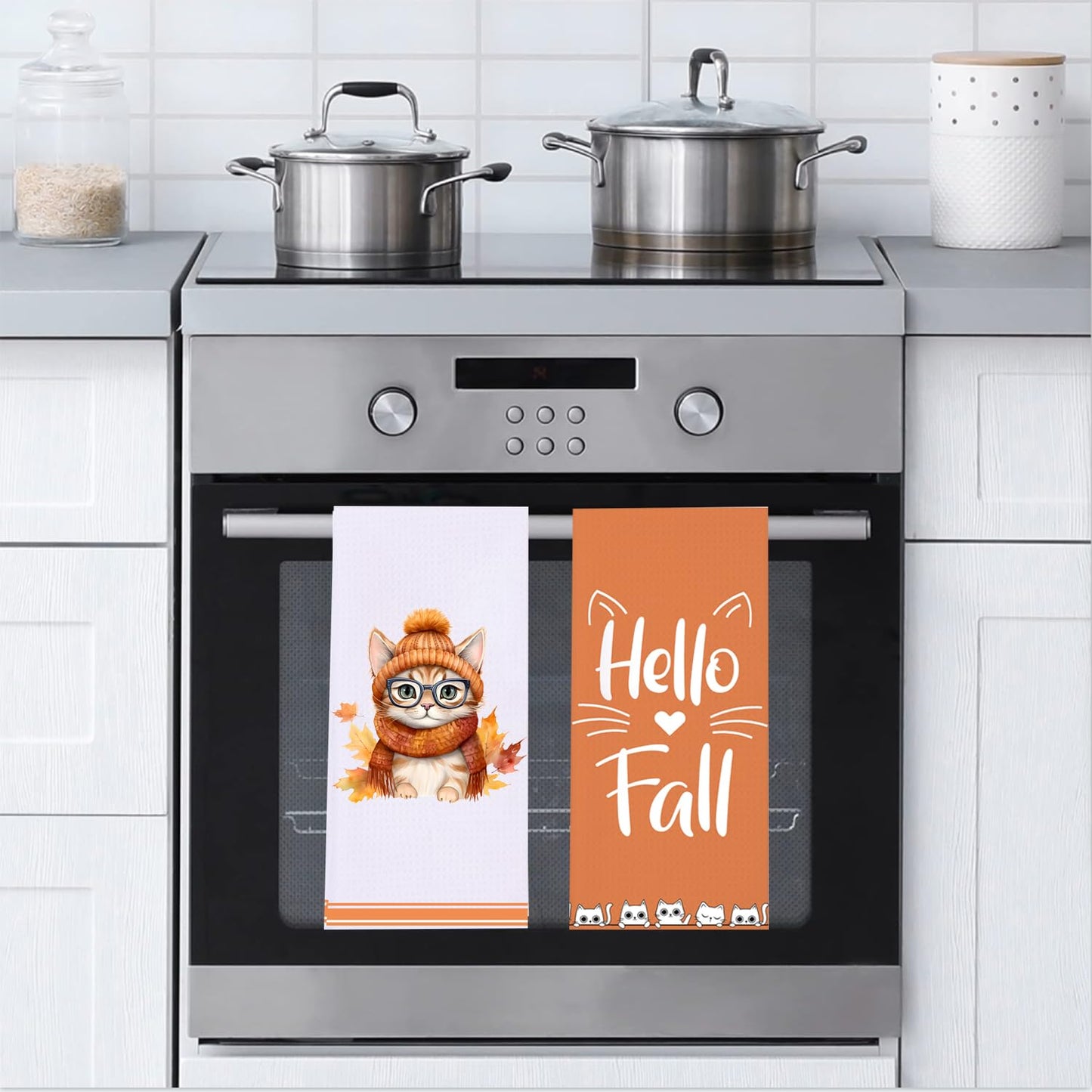 LXOMILL Cat Fall Kitchen Towels - Orange Autumn Dish & Hand Towels for Fall Decor