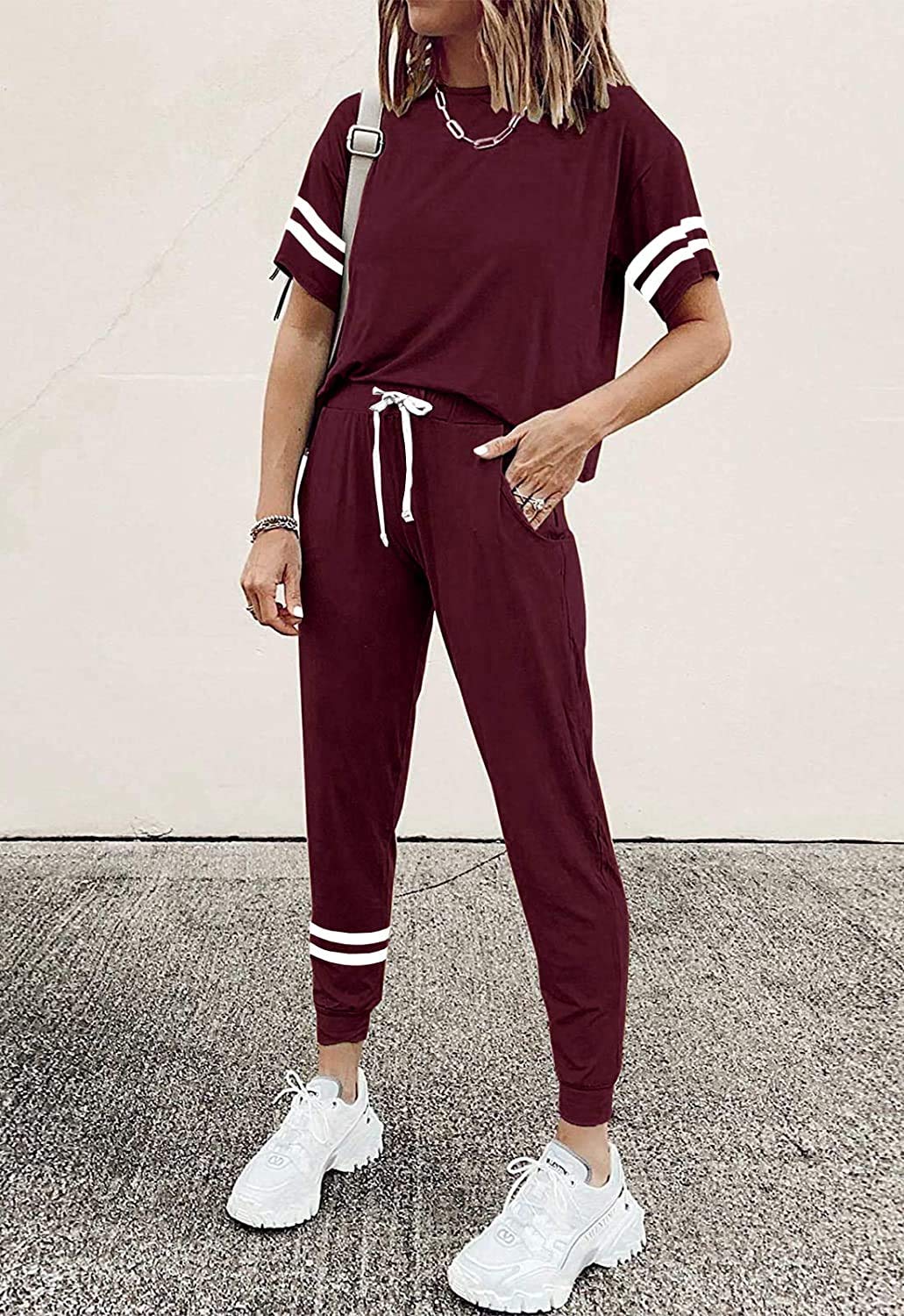 PRETTYGARDEN Women Summer Two Piece Outfits Striped Short Sleeve Pullover and Long Pants Tracksuit Travel Pajama Lounge Set (Wine Red,Small)