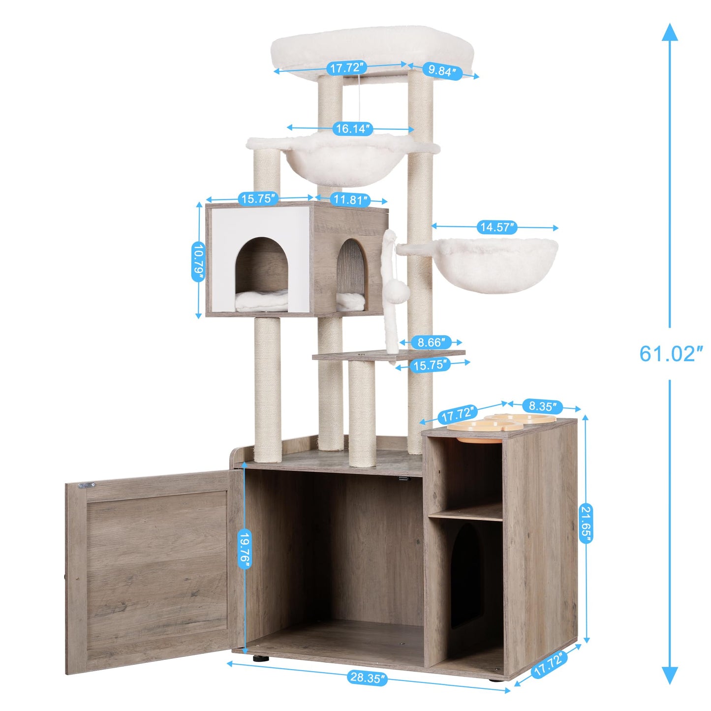 Hey-brother Cat Tree with Litter Box Enclosure, Modern Cat Tower for Indoor Cats with Large Platform, Condo Food Station and 2 Hammocks, All-in-one Cat Furniture, Wood Rustic Gray MPJ115SG