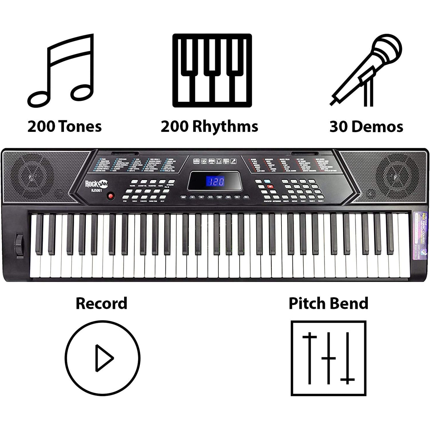 RockJam 61 Key Keyboard Piano Stand With Pitch Bend Kit, Piano Bench, Headphones, Simply Piano App & Keynote Stickers