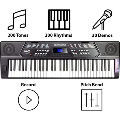 RockJam 61 Key Keyboard Piano Stand With Pitch Bend Kit, Piano Bench, Headphones, Simply Piano App & Keynote Stickers