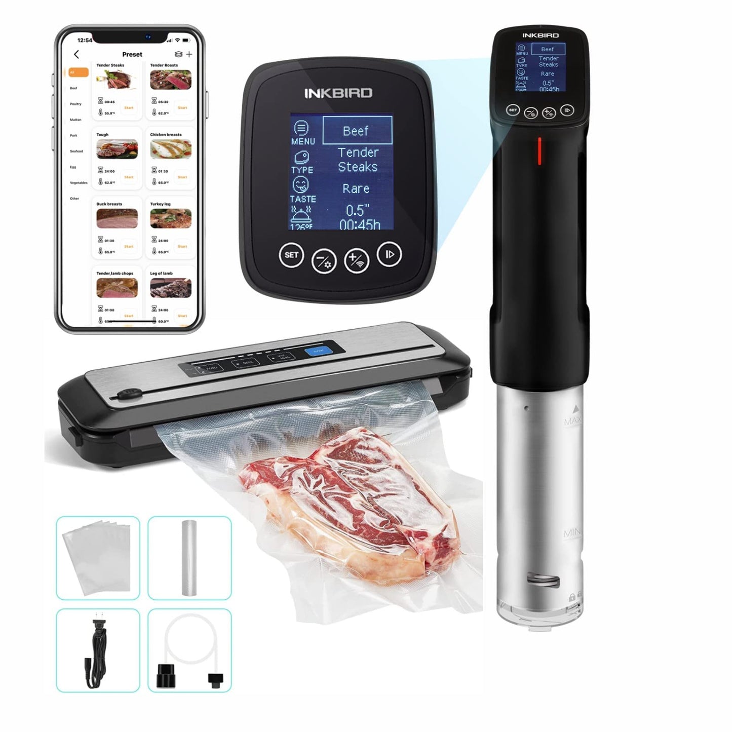 Inkbird WIFI Sous Vide Machine ISV-100W| 1000W Sous-Vide Cooker Immersion Circulator with 14 Preset Recipes on APP and Thermal Immersion, Fast-Heating with Timer (Sous Vide +Vacuum Sealer Machines)