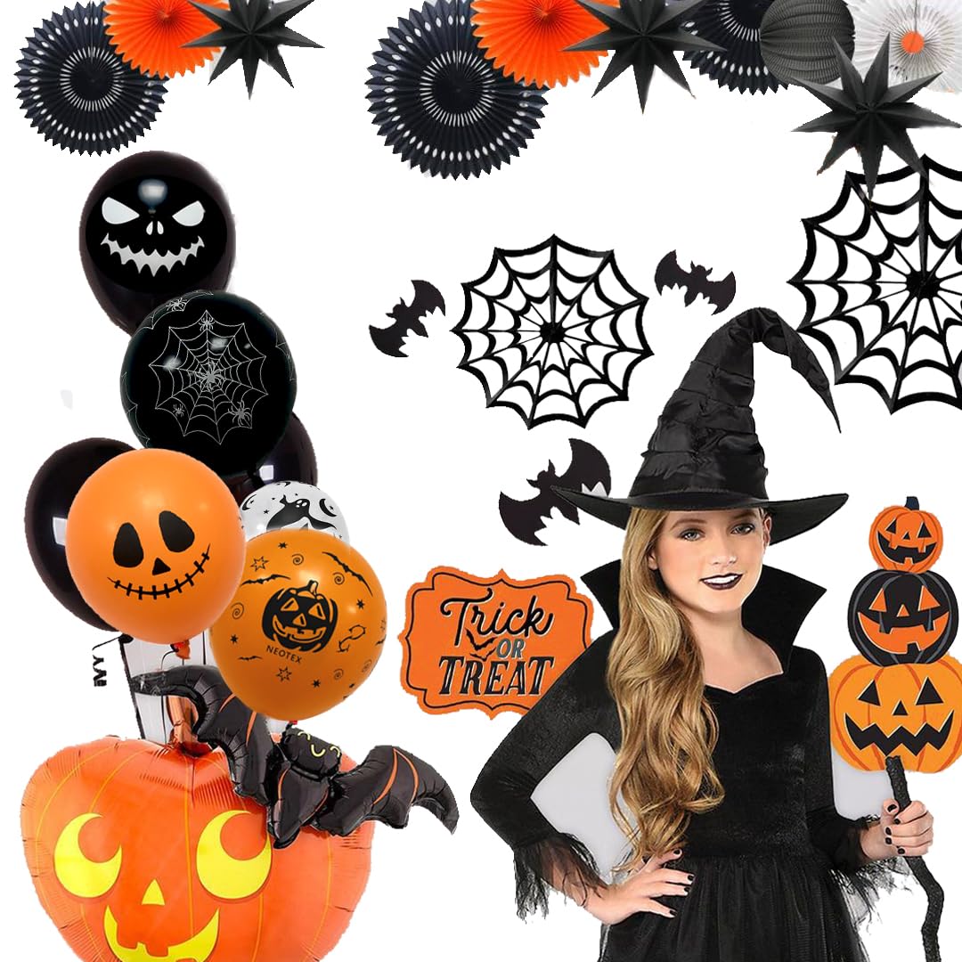 Halloween Decoration Balloons, 50pcs 12 Inch Black Orange White Halloween Balloons Bat Spooky Pumpkin Spider Web Halloween Balloons for Halloween Party Decoration Outdoor Home, Yard Backdrop Party
