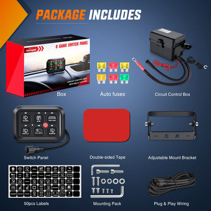 Nilight 6 Gang Switch Panel Universal Circuit Control Relay System with Fuse Wiring Harness Automatic Dimmable ON-Off LED Switch Pod for Cars Trucks Boats ATV UTV SUV, 2 Years Warranty