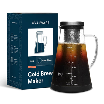 OVALWARE Airtight Cold Brew Iced Coffee Maker Pitcher and Tea Infuser with Spout - 1.0L / 34oz Ovalware RJ3 Brewing Glass Carafe with Removable Stainless Steel Filter