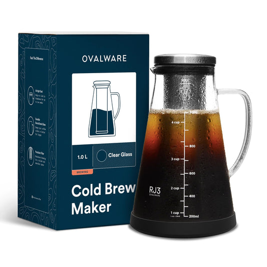 OVALWARE Airtight Cold Brew Iced Coffee Maker Pitcher and Tea Infuser with Spout - 1.0L / 34oz Ovalware RJ3 Brewing Glass Carafe with Removable Stainless Steel Filter