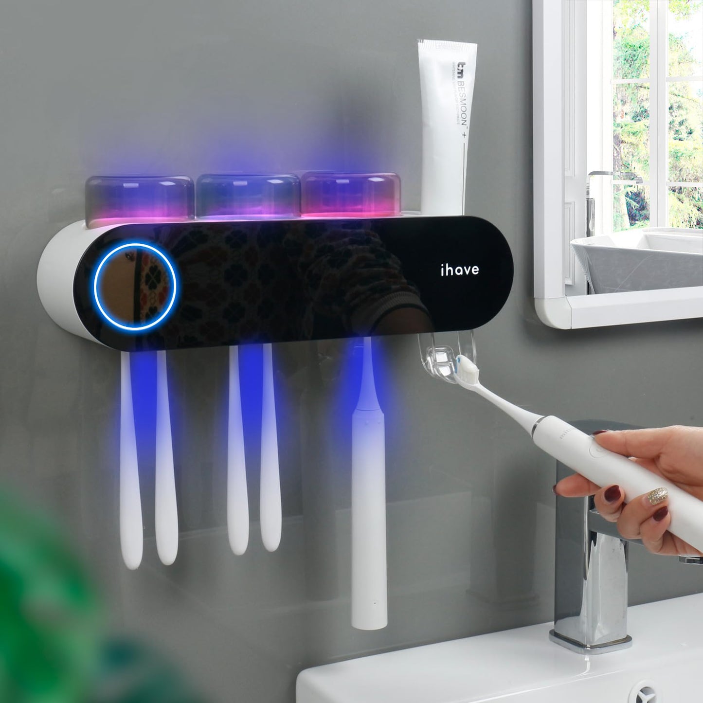 iHave Toothbrush Holders for Bathrooms, UV Toothbrush Sanitizer and Holder Smart Home Bathroom Accessories, 3 Cups Electric Toothbrush Holder Wall Mounted with Toothpaste Dispenser Bathroom Decor