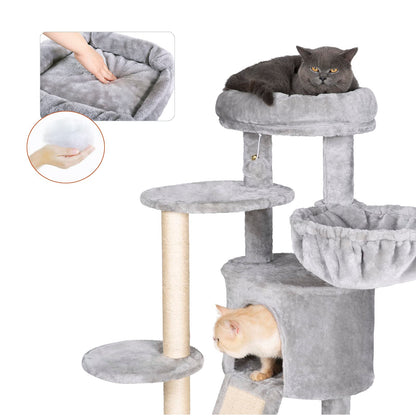 Hey-brother Cat Tree with Scratching Board, Cat Tower with Padded Plush Perch and Cozy Basket, Multi-Platform for Jump, Light Gray MPJ005W