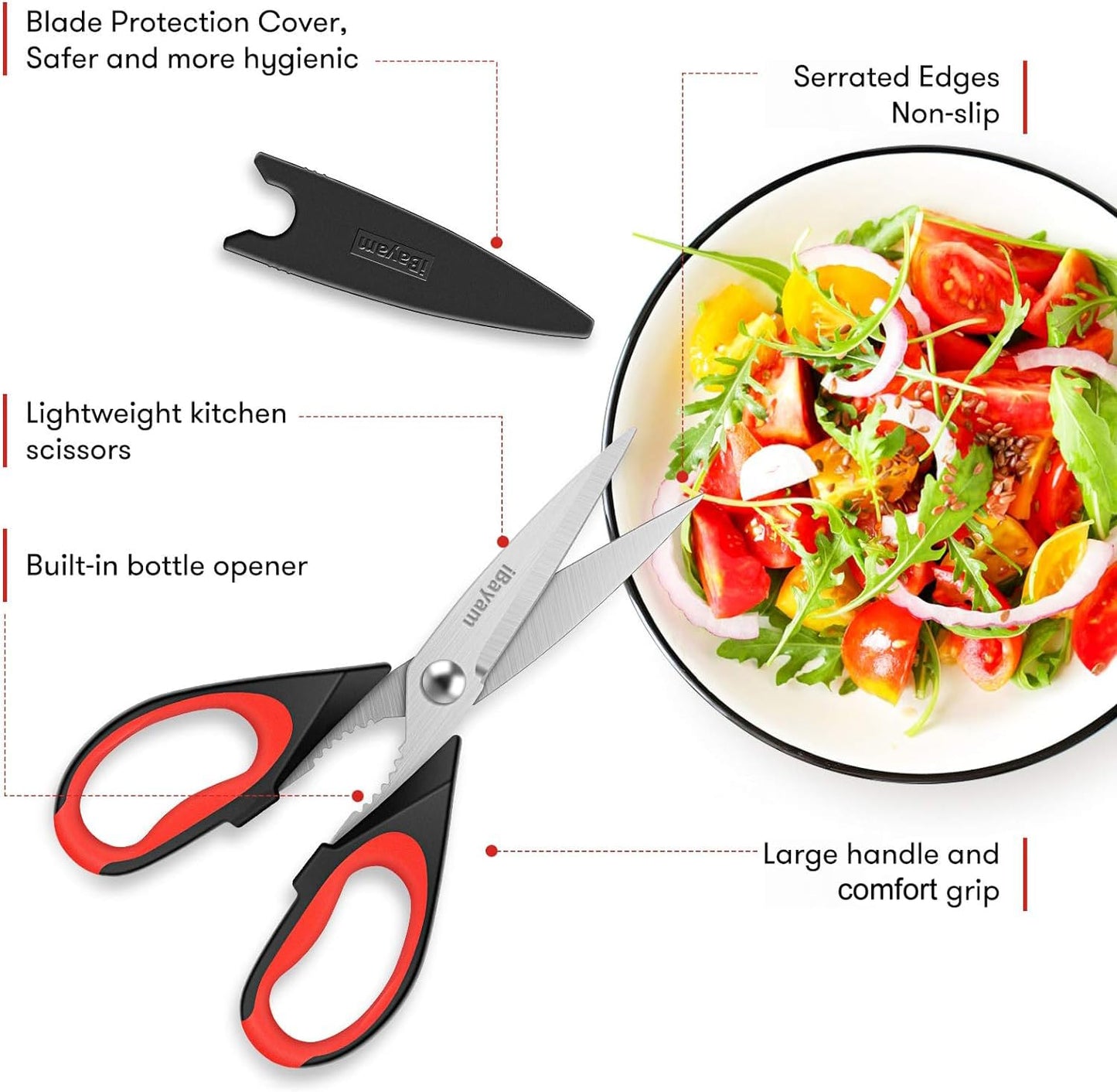 iBayam 3-Pack 8.5"Kitchen Scissors All Purpose Heavy Duty with Protective Sheath, Soft Grip Comfort Handle, Dishwasher Safe Kitchen Utensils Gadgets Set, Stainless Cooking Meat Poultry Food Shears