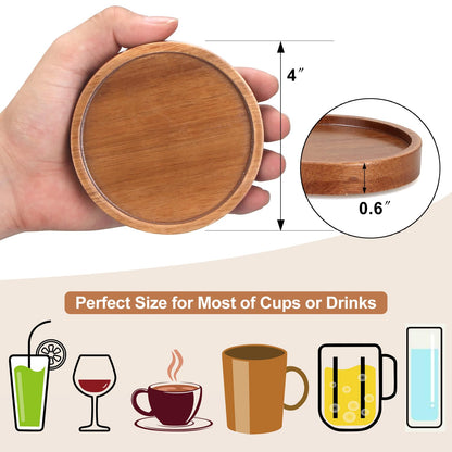 6 Pcs Best Wooden Coasters with Holder Coffee Table Decor Acacia Wood Coaster Set Modern Cup Coaster for Drink Home Dining Table Kitchen Accessories Cute Beer Bar Decorative Rustic Outdoor Coasters