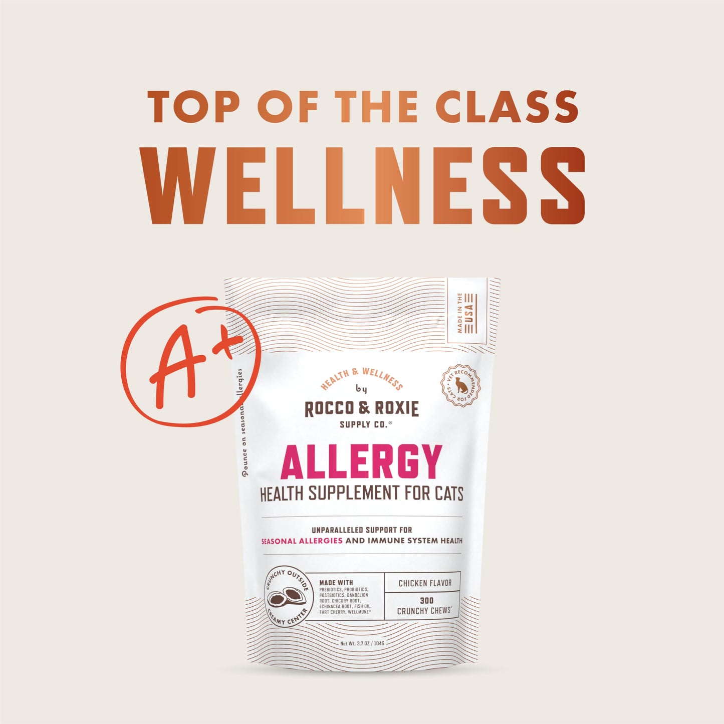 Rocco & Roxie Allergy Relief for Cats, Cat Supplements & Vitamins, Probiotics to Support Gut Health, Fish Oil for Skin, Sneezing and Itching from Seasonal Allergies, Tart Cherry Immune System Support