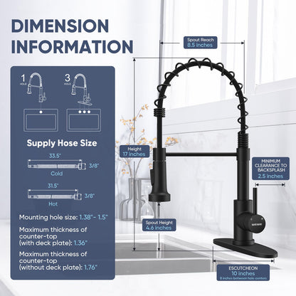 Kitchen Faucets with Pull Down Sprayer Commercial Industrial Stainless Steel Single Handle Single Hole Spring Farmhouse RV Sink Faucet, Matte Black Kitchen Faucet for Laundry Utility Room Sink