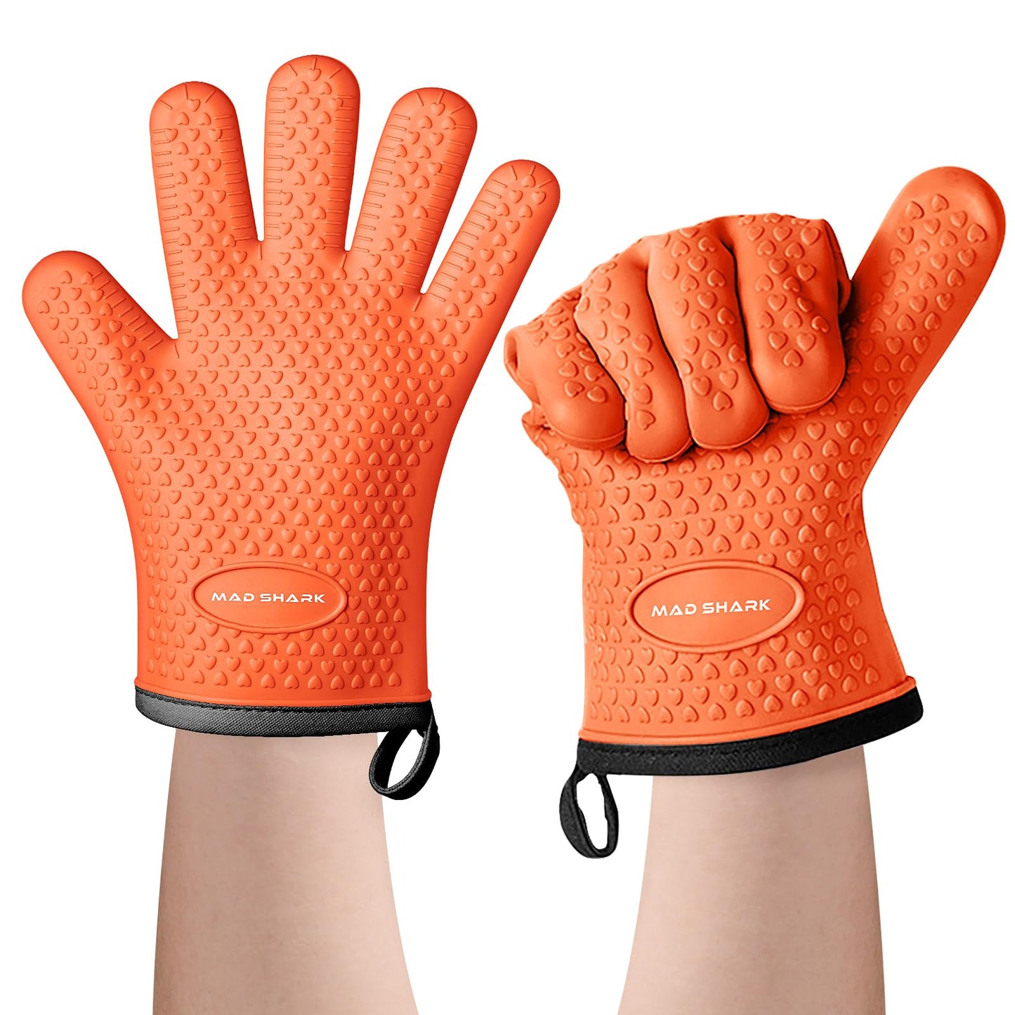 MAD SHARK Silicone Oven Mitts Heat Resistant 450 Degrees with Waterproof & Non-Slip Oven Gloves with Fingers, Silicone Oven Gloves Kitchen Mittens for Baking Cooking Barbecue (Orange)