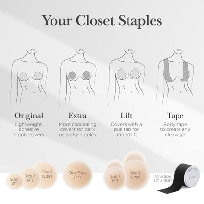 Nippies Nipple Cover - Sticky Adhesive Silicone Nipple Pasties - Reusable Pasty Nipple Covers for Women with Travel Box (Small (Fits A-C Cups), Original, Crème)