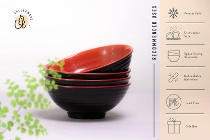 4 Ramen Bowls, 12 pieces Pho set. Red Black Ramen Bowl Set. Unbreakable Melamine. Asian Japanese soup. Spoons And Chopsticks kit. . XL 37 oz. Noodles, Rice, Udon, Thai, Chinese, Korean, Wonton, Miso