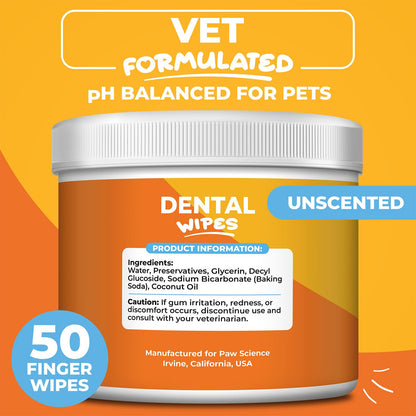 Paw Science Dog & Cat Teeth Cleaning Wipes - Dental Finger Wipes for Cats & Dogs - Pet Toothbrush & Tooth Brushing Kit - Effective Teeth Cleaner (Unscented)