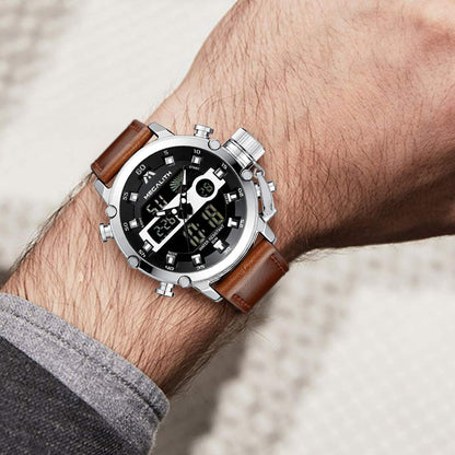 MEGALITH Mens Watches with Leather Waterproof Digital Military Sport Tactical Multifunction Heavy Duty Led Silver Watch for Men, Alarm Stopwatch